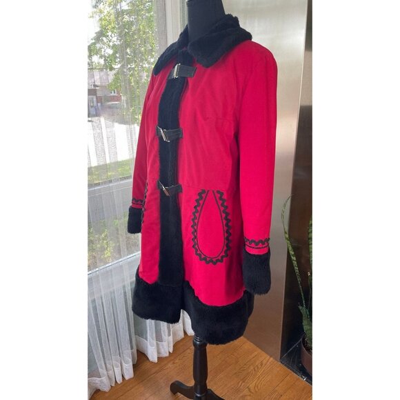Vintage 80s ladies coat, red & black parka, faux fur collar & cuffs, 6/8 (S/M) - Picture 1 of 9